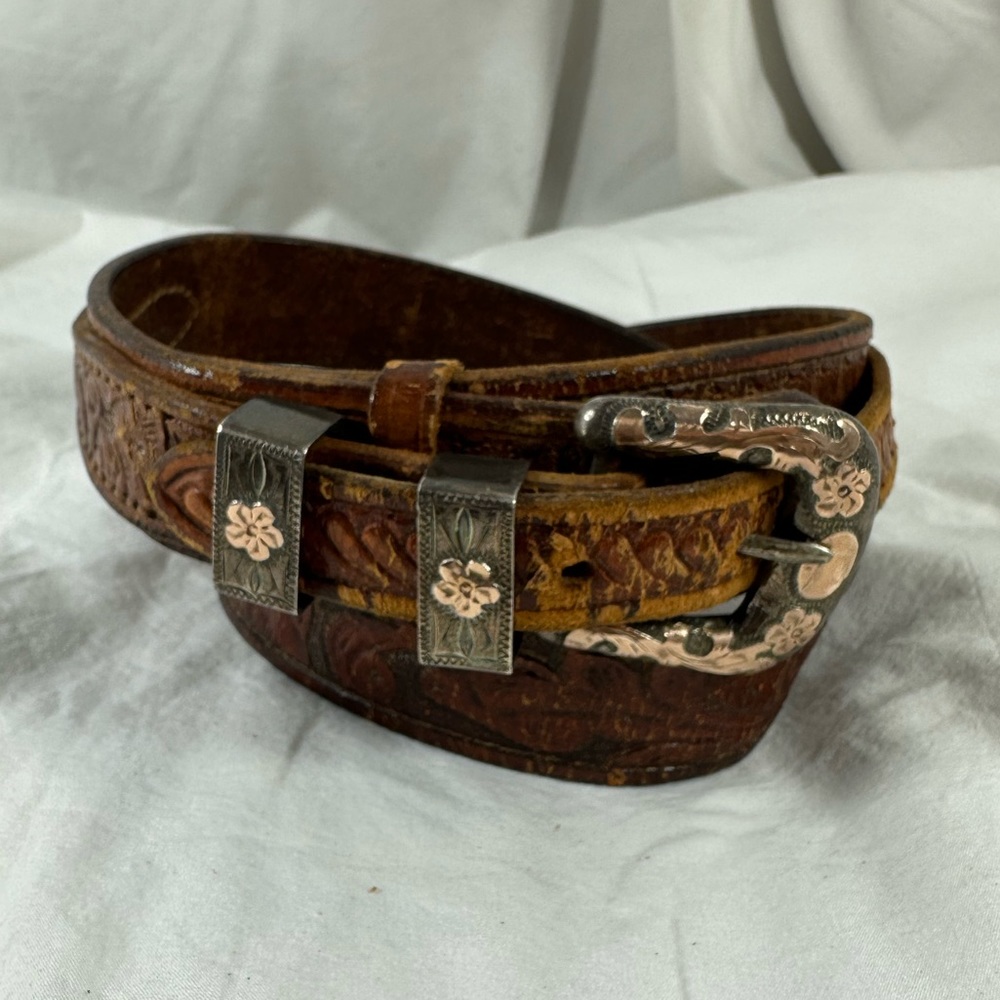 Vintage 4 piece sterling tan western tooled leather belt small